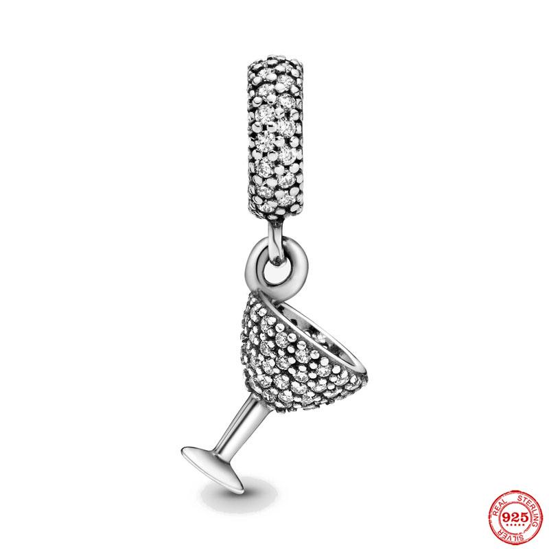 New 925 Silver Fine Coffee Cup Pendant Fit Original Bracelet Diy Jewelry Women Wine Glass Bottle Drink Charm Red Heart Clip Bead