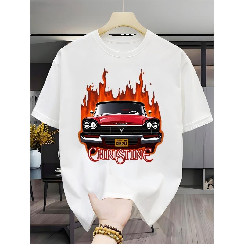 European Size Selected Local Classic Vintage Car Graphic T-Shirt with Black Flame Design, CHRSTINE License Plate, and Bold Font