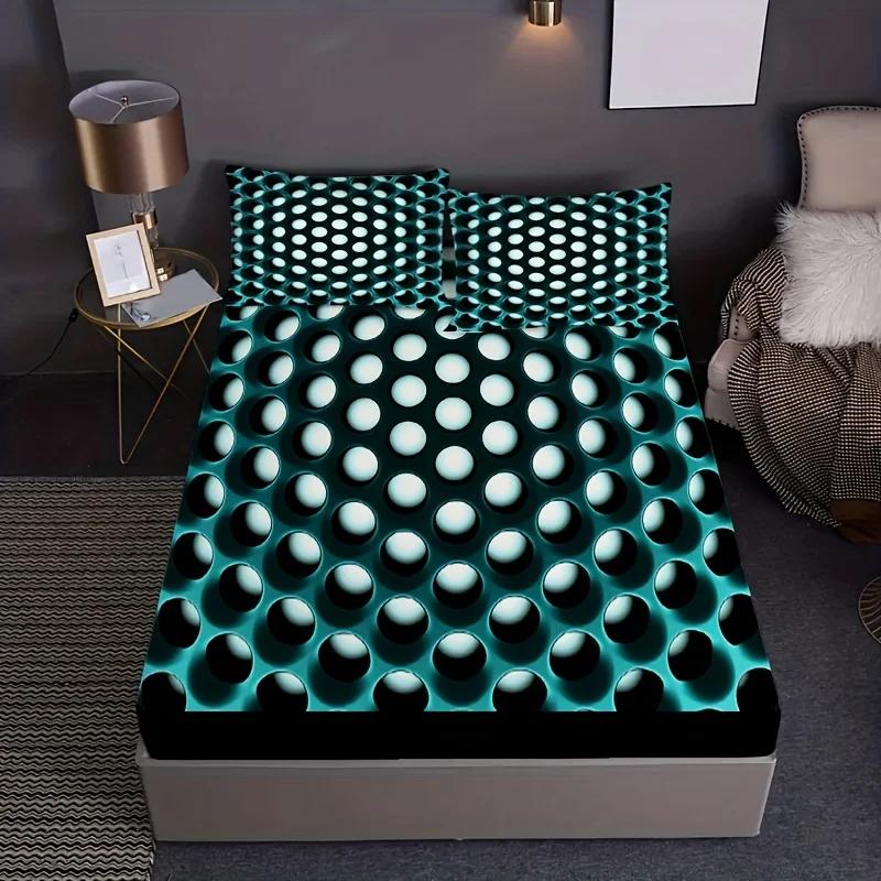 Fitted Sheet Set 3D Cellular Lattice Print Soft Comfortable Bedding Set For Bedroom Guest Room (1* Fitted Sheet+2*Pillowcases)