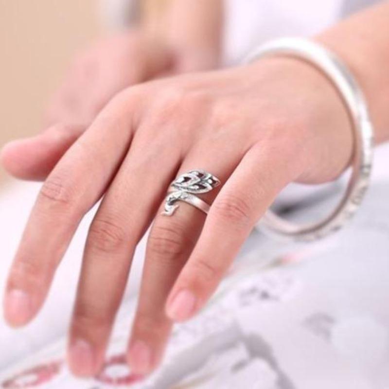 Vintage Silver Pleated Engraved Peacock Women Open Ring Finger Jewelry Gift