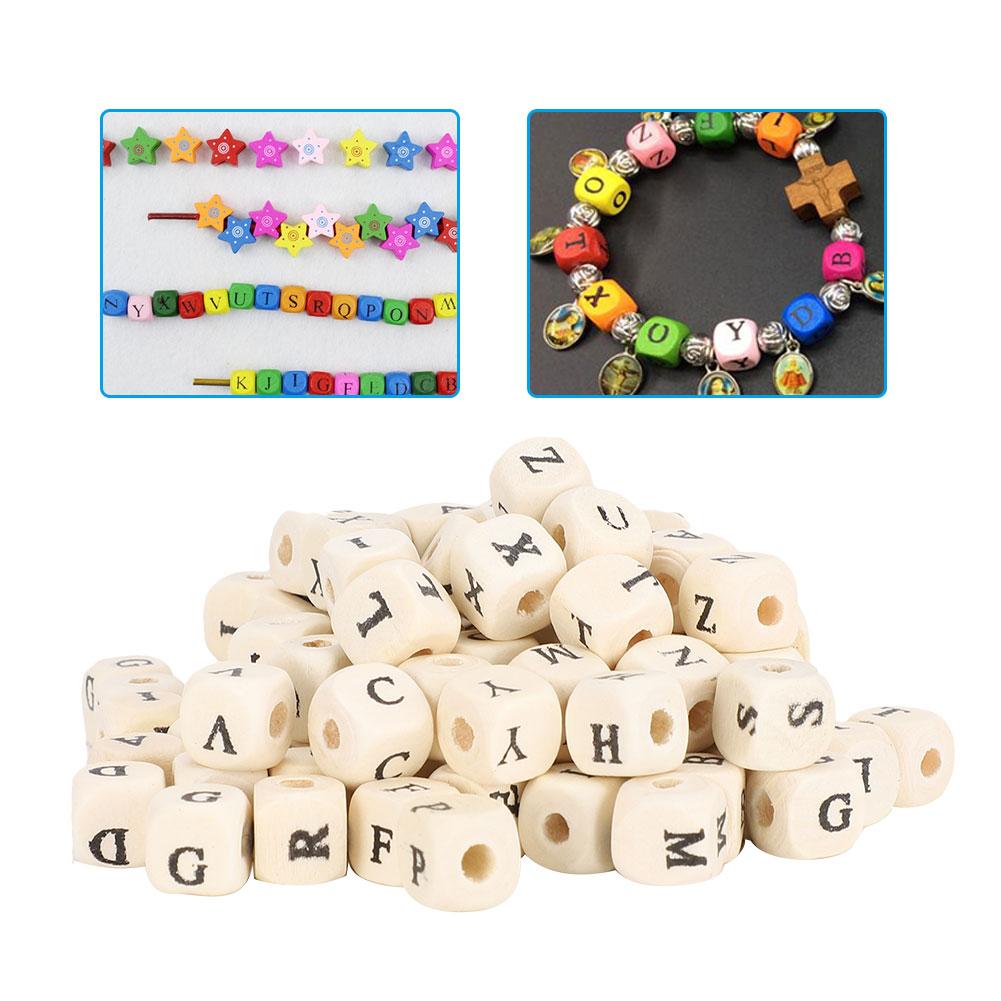 200pcs 10mm DIY Jewelry Beads Letter Printed White Cube Wooden Craft Beads