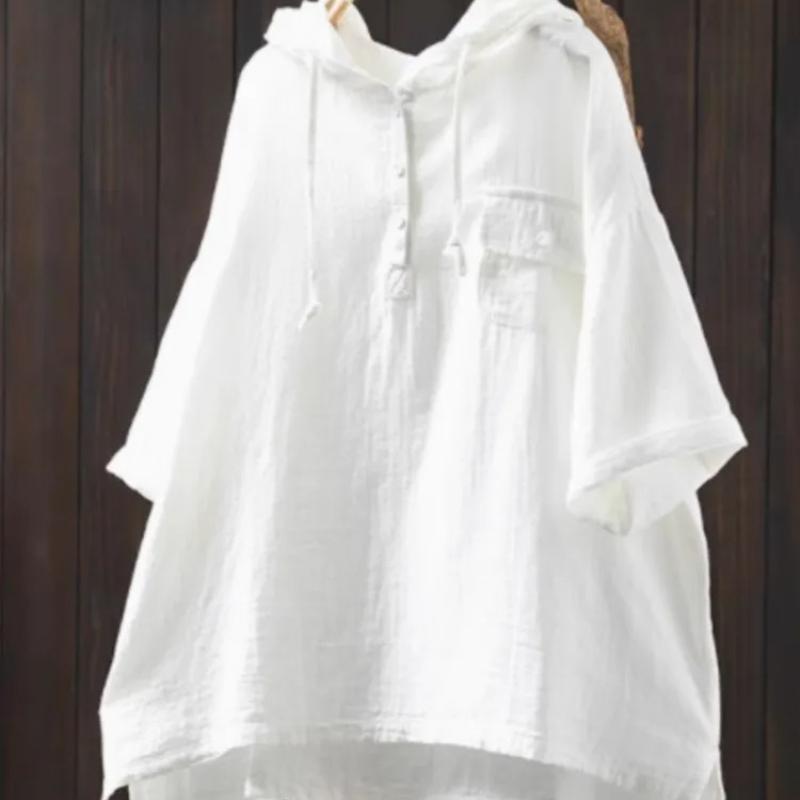 

Johnature Women Casual Hooded T-Shirts Solid Color Short Sleeve Summer Tees Pockets Soft Cotton Button Female T-Shirts One Size білий