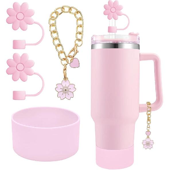Accessories for Stanley Cup Set,2Pcs Flower Straw Cover Caps 10mm Reble Brown Straw Toppers,1Pcs Cute Handle Charm and 1Pcs Silicone Boot Sleeve for