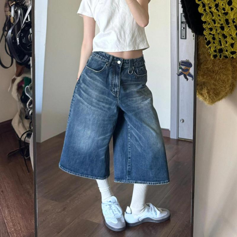 2024 Vintage Wash Whiskers Denim Shorts Women Low Rise Distressed Frayed Wide Leg Baggy Jeans Jorts Casual Summer Clothes