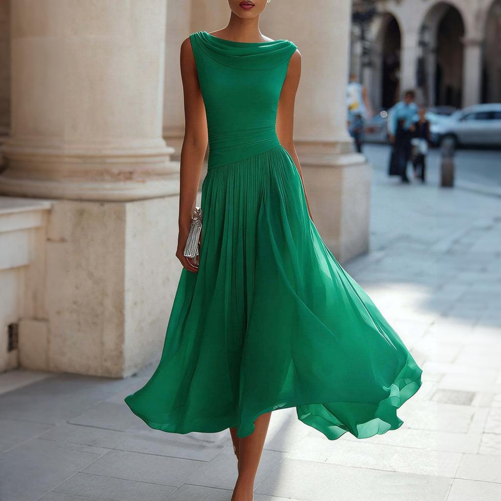 Women’s Sleeveless Cowl Neck Midi Dress Elegant Solid Design Flowy A-Line Suitable for Vacation and Daily Wear