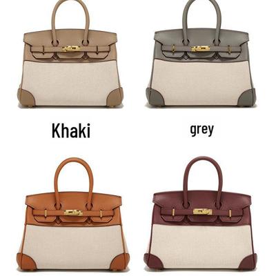 Spring Women's Leather and Canvas Contrast Color Shoulder Crossbody Handbag