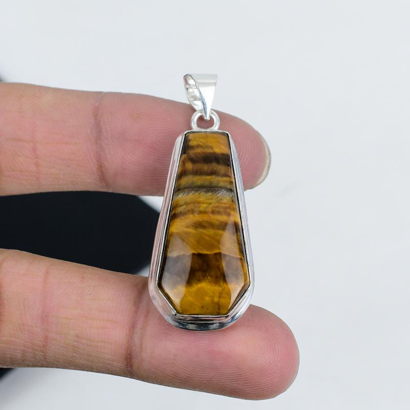 Natural Tiger Eye Gemstone Pendant 925 Sterling Silver- Handmade Coffin Design, Everyday Wear Jewelry, Unique Tiger Eye Pendant Party Wear Gifts