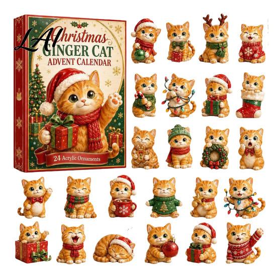 Holiday Decoration for Kids Christmas Cat Advent Calendar 24 Day Countdown with Cute Ornaments Gifts Children 2D Acrylic Kitty Decorations,