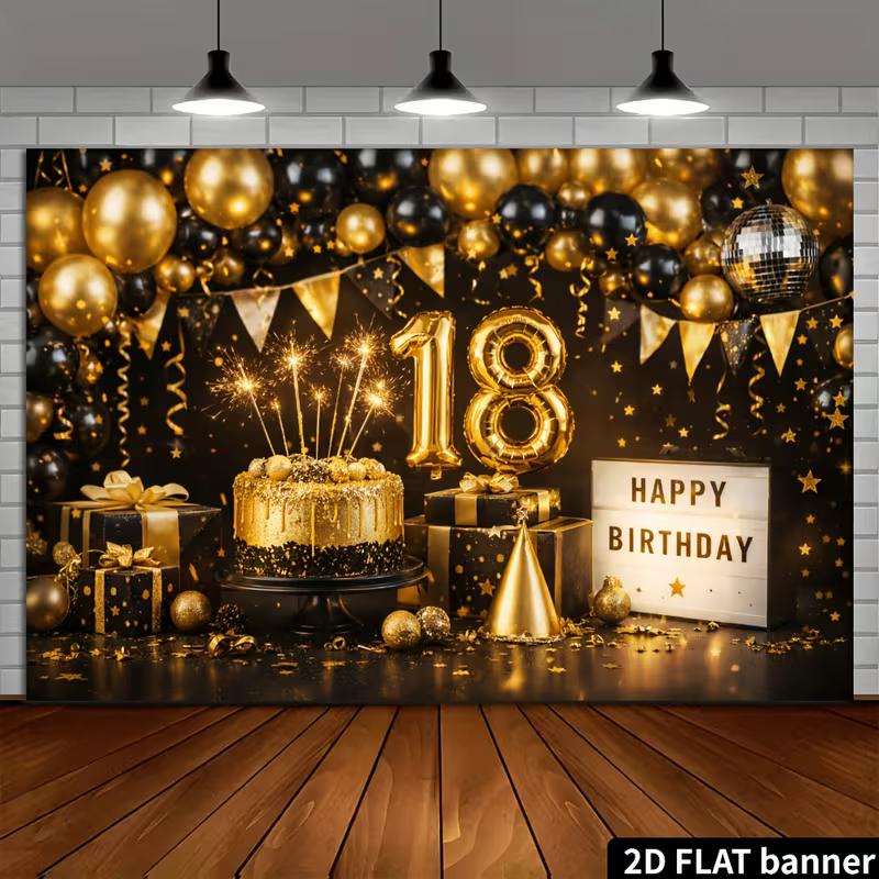 Sfondo 2D Nero Oro 18° Buon Compleanno Sfondo Fotografico Decorazione Festa