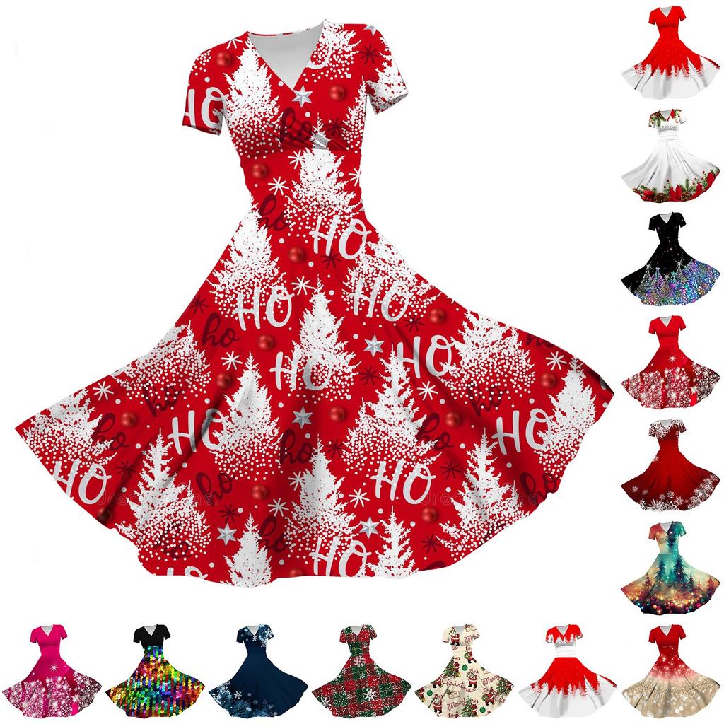 Dámské princeznovské šaty Sexy V-výstřih Vánoční potisk Krátký rukáv Rozšířené šaty