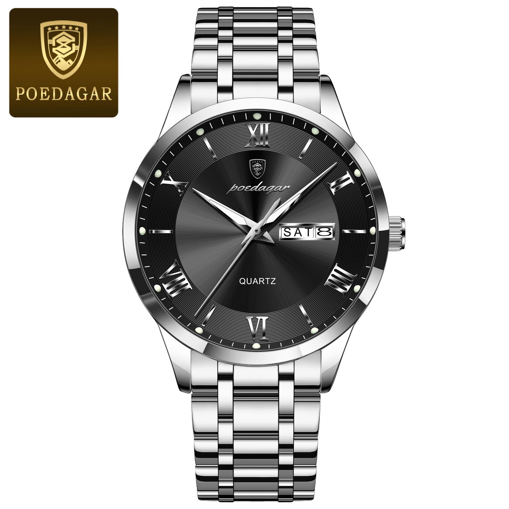 POEDAGAR Luxus Mode Herren Uhr Wasserdicht Leuchtend Wochentag Datum Sport Armbanduhr Edelstahl Quarz Uhren Reloj silber/schwarz
