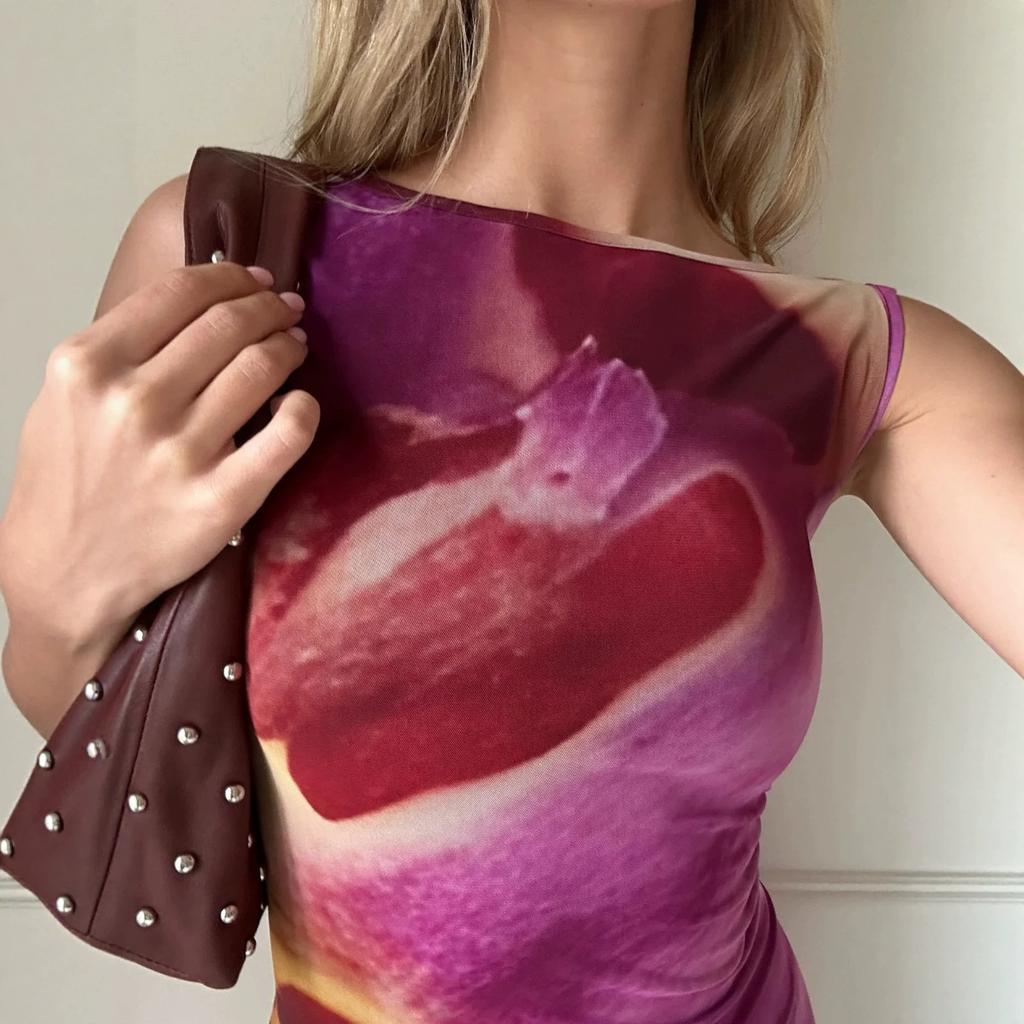 Women's Sleeveless Bodycon Mini Dress High Waist Tie Dye Print Asymmetric Hem Sexy Summer Party Club Short Dress Polyester Slim Dress