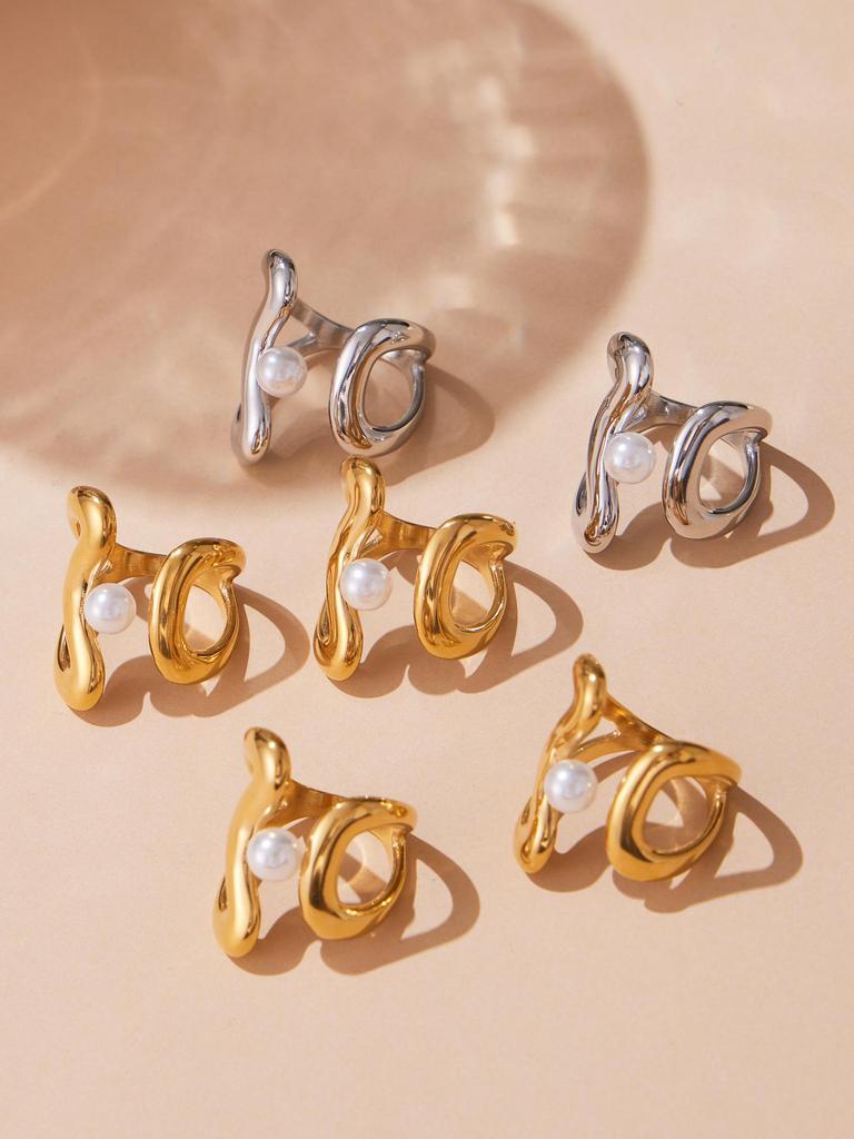 Oumaijia Stainless Steel Geometric Pearl Open Ring - Fashionable Non-fading Jewelry