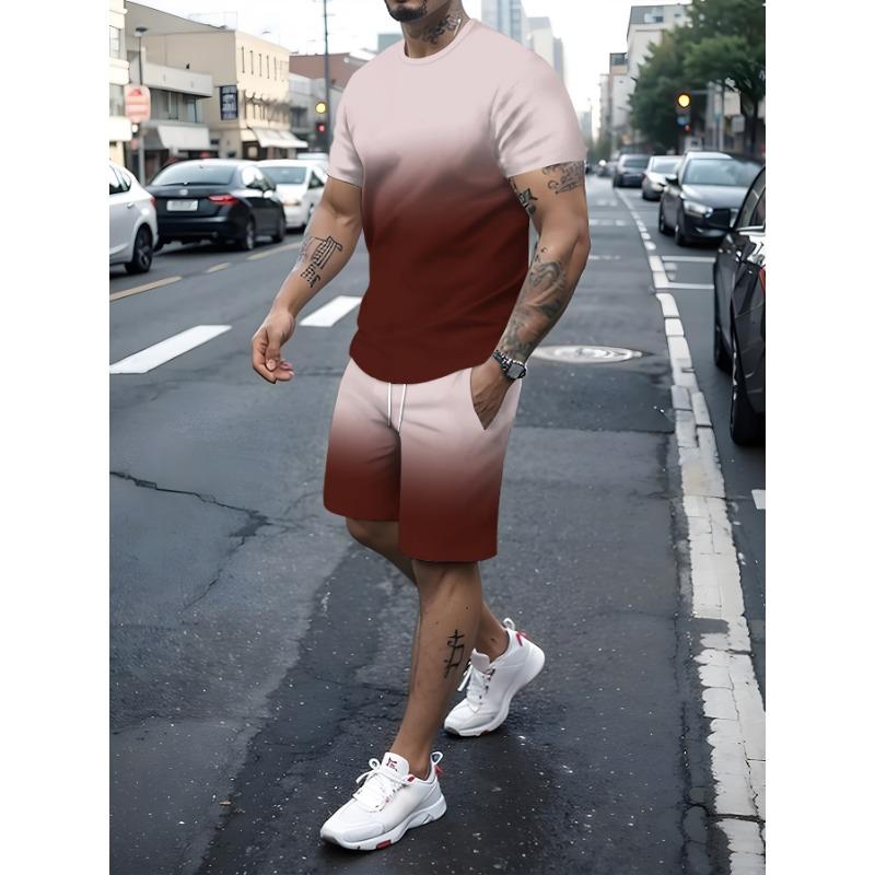 Men's 3D Gradual Change Short Sleeve Suit Running Moisture Wicking Round Neck T-Shirt Training Exercise Set Sport Shirt Tops