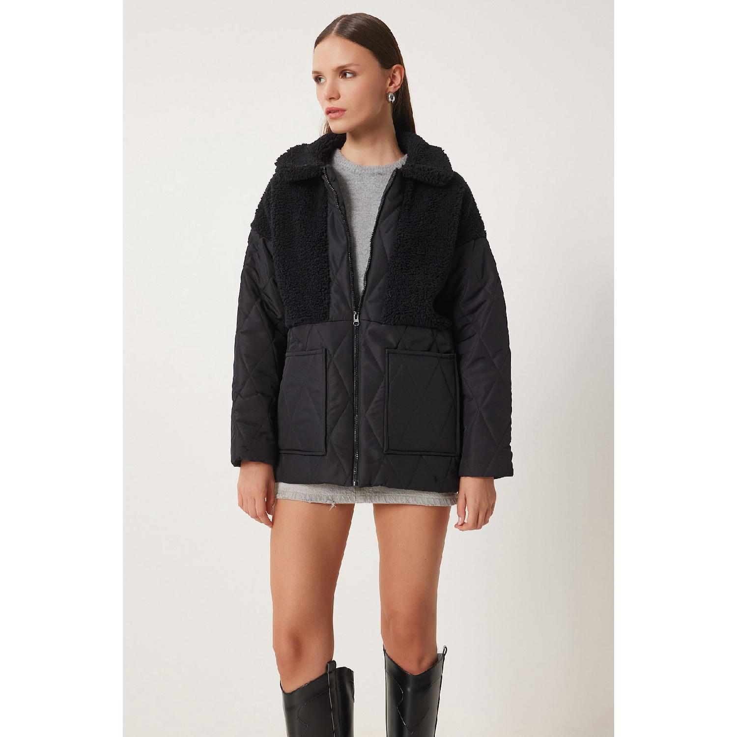 

Женское черное плюшевое стеганое пальто с деталями Dd01284 S/M чистый