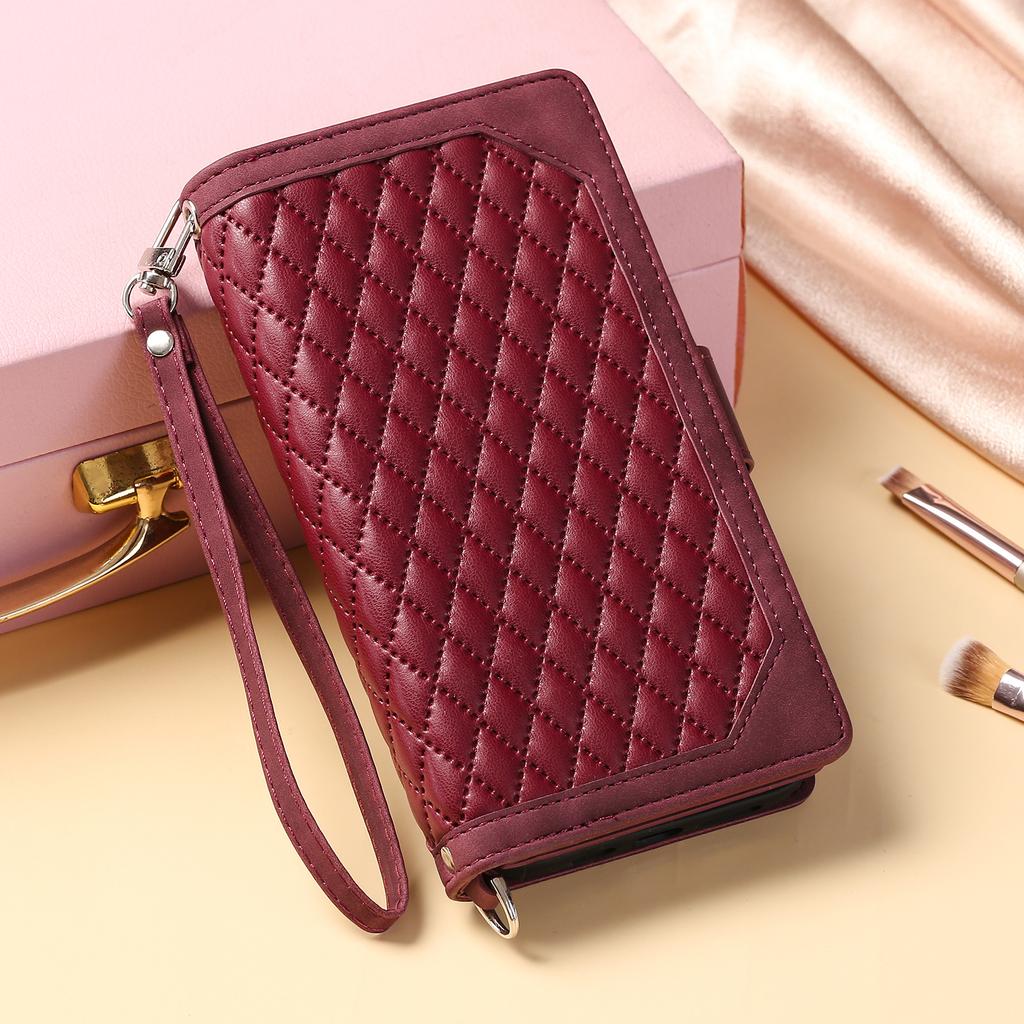 Quilted Zipper Wallet Case for iPhone 17 Pro & Samsung S25 Ultra - Flip Leather Card Holder Cover with Wrist Strap