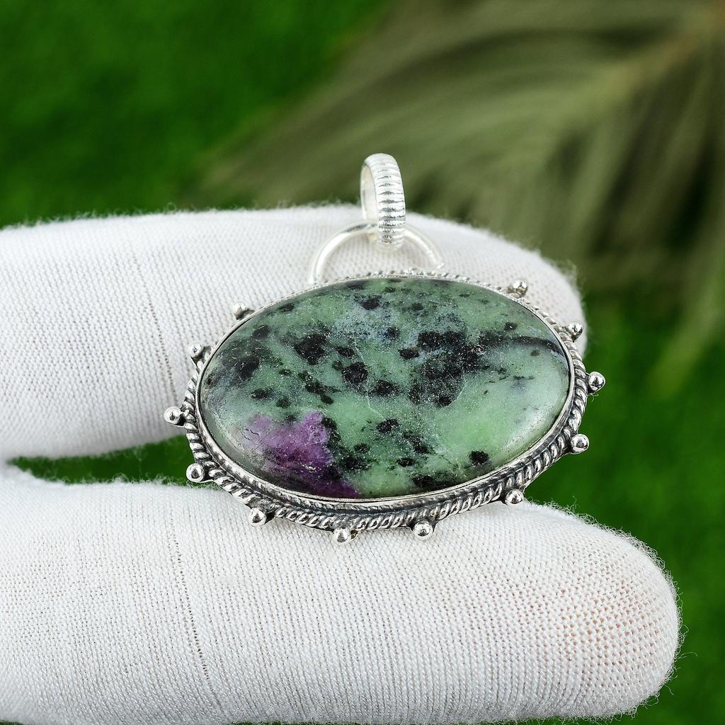 Birthday Gift For Her Natural Ruby Zosite Gemstone Pendant 925 Sterling Silver