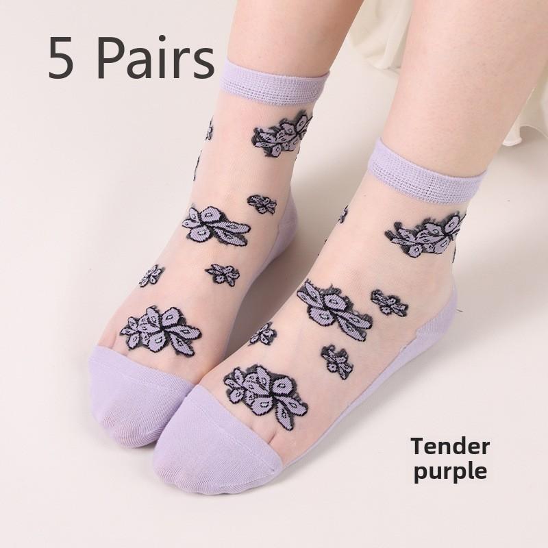 

5 пар весенних и летних тонких чулок с мелкими цветочками и стразами, модные шелковые чулки с антизацепами и стразами 5 Pairs фиолетовый