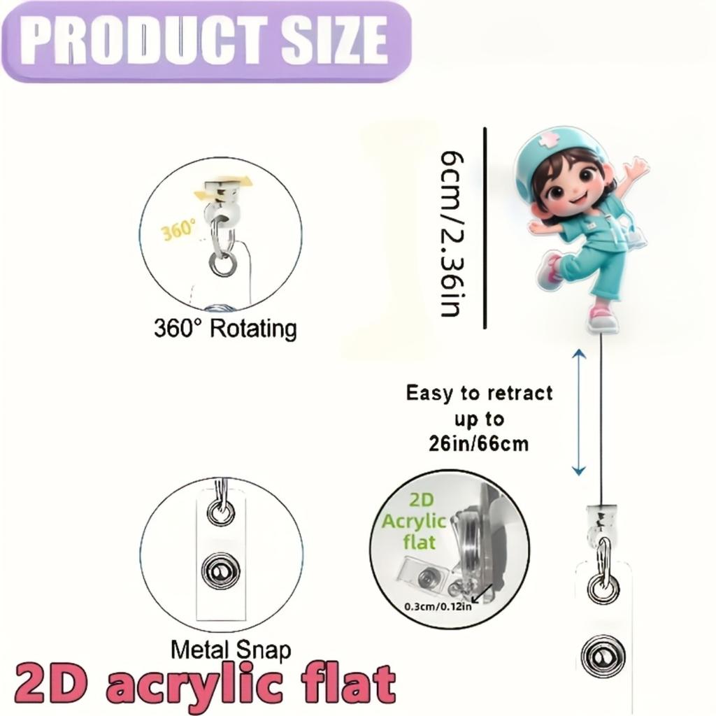 2D Flat Acrylic Nurse Girl With Nurse Cap Retractable Badge Reel, Sturdy Medical ID Tag Clip Accessory For Medical Students Nurses And Hospital Worker
