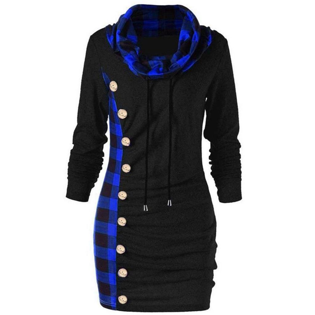 Women Bow-Neck Drawstring Plaid Patchwork Buttons Vintage Long Sweatshirt Top