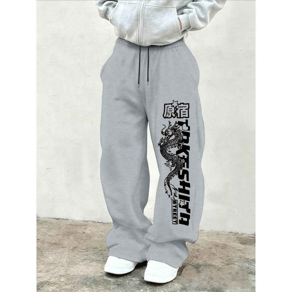 

Men s Harajuku Letter and Dragon Pattern Printed Drawstring Waistband, High Street Style, Casual and Comfortable, Classic Wide Leg Pants S