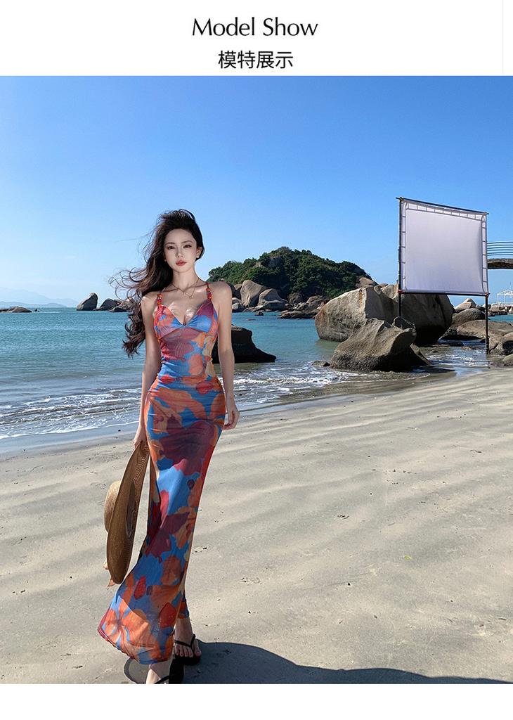 Pure Desire Style Print Slim-fit Hip-wrapped Backless Suspender Dress Women's Bohemian Seaside Vacation Beach Dress
