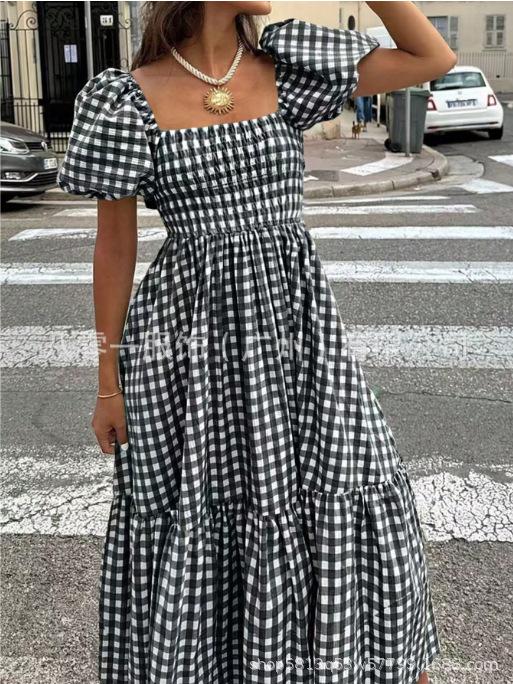 Women's Square Neck Gingham Midi Dress Puff Short Sleeve Elastic Waist Ruffled Hem Summer Beach Long Dress