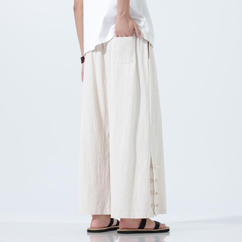 2025 Men Baggy Cotton Linen Pants Men Casual Wide Leg Oversize Jogger Trousers Men Vintage Drawstring Pants Male Skirt Pants