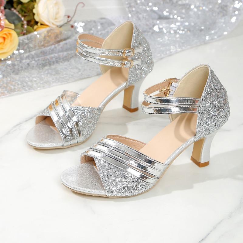 

Fashion Fall New Round Toe Open Toe Sequin Anti-Slip Wear-Resistant High Heels Fish Mouth Stiletto Sandals 36 серебряный