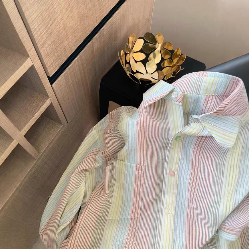 Gestreifte Leinen-Hemdjacke im koreanischen Stil für Damen - Sonnenschutzkleidung für Frühling/Sommer
