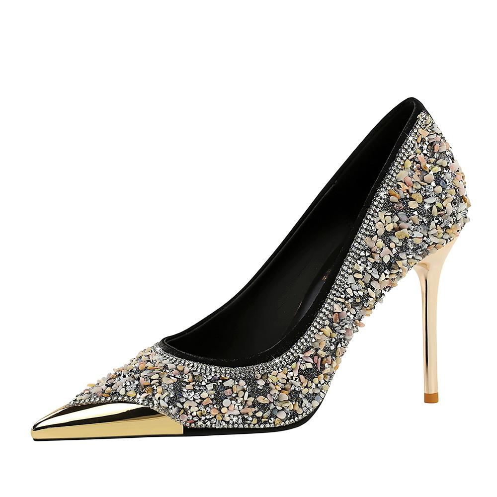 9.5CM Style Fine Heel Rhinestone High Heels Metal Pointed Women's Shoes Shallow Mouth One Pedal Crystal Single Shoes Women