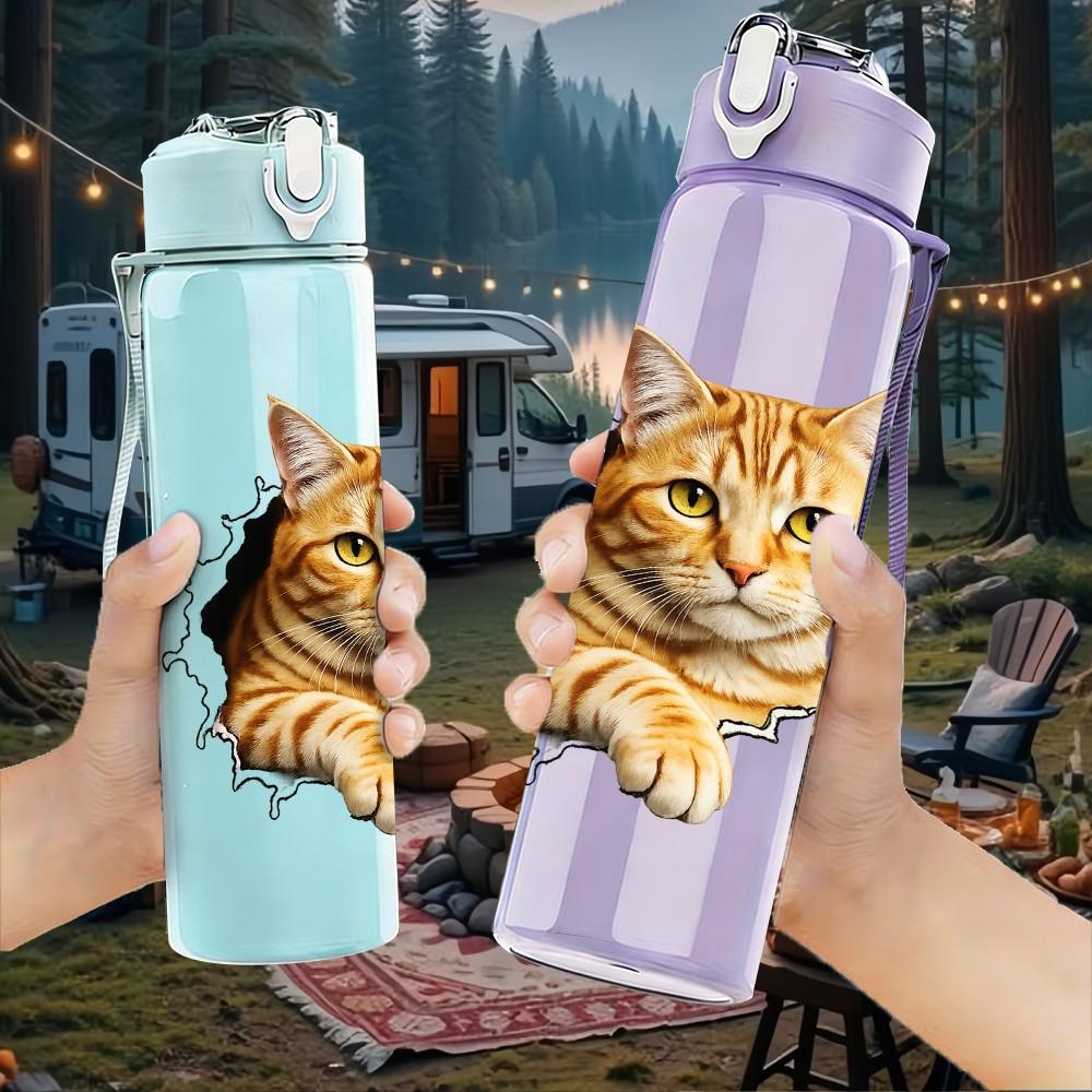 1PC Cat Head Tear Through Paper Print 750ml Color Plastic Sports Water Bottle Leakproof Flip Straw Lid Suitable for Sports Office Home Use