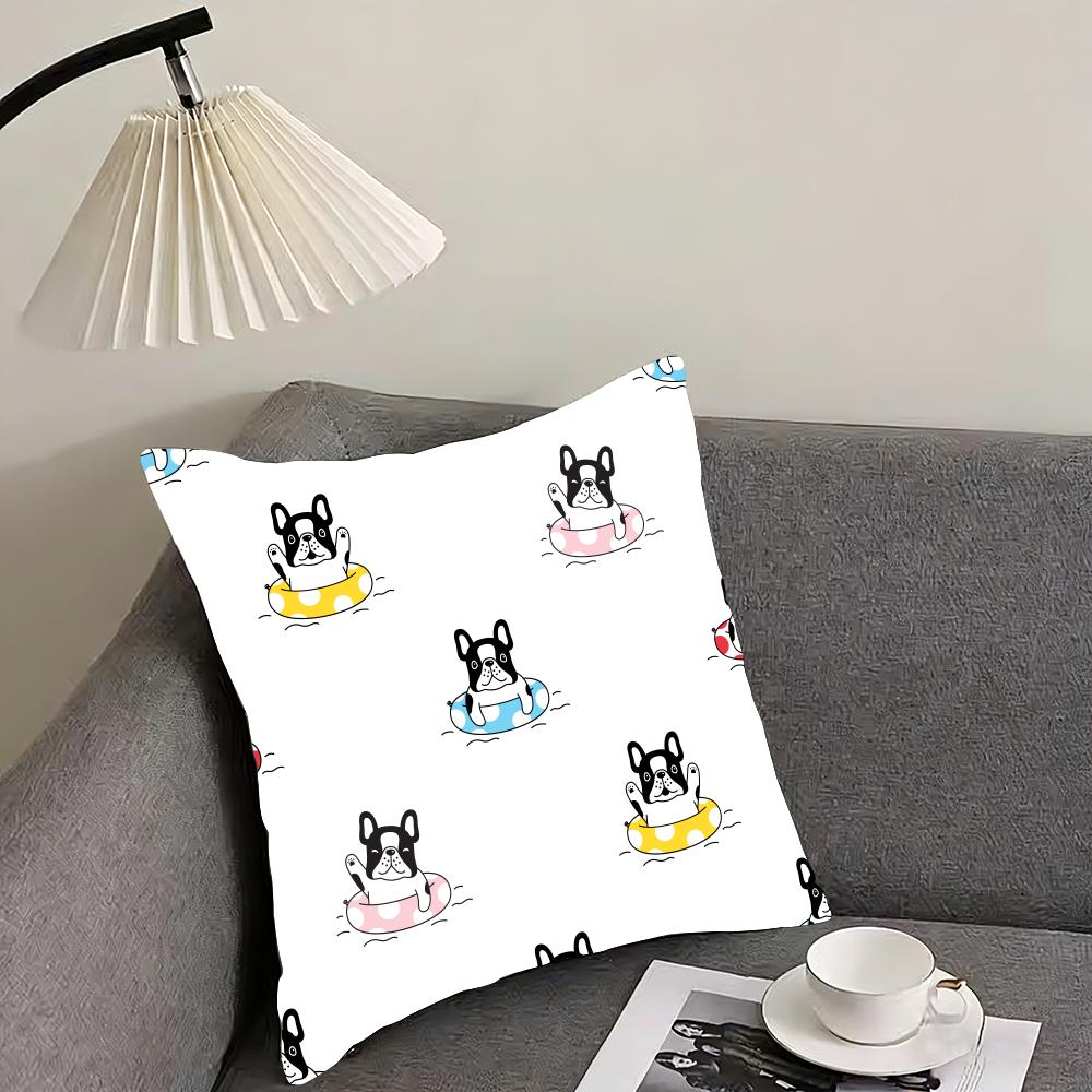 Cartoon French Bulldog Pattern Cushion Cover Reversible Plush Pillow Cover – For car, sofa, bedroom, perfect as a gift.