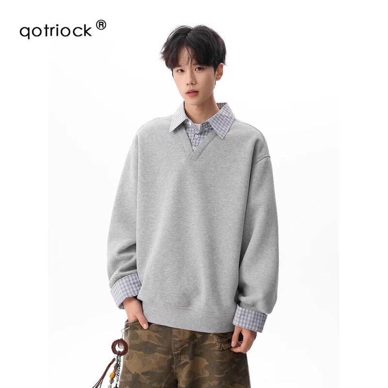 QOTRIOCK Heavyweight Plaid Polo Collar Layered Sweatshirt M