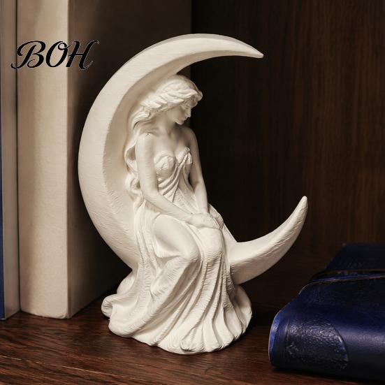 Decorative Moon Goddess Fairy Figurine, Matte White Sculpture, 3D Printed PLA Small Desk Decor Winged Statue, Mystical Fantasy Home Ornament