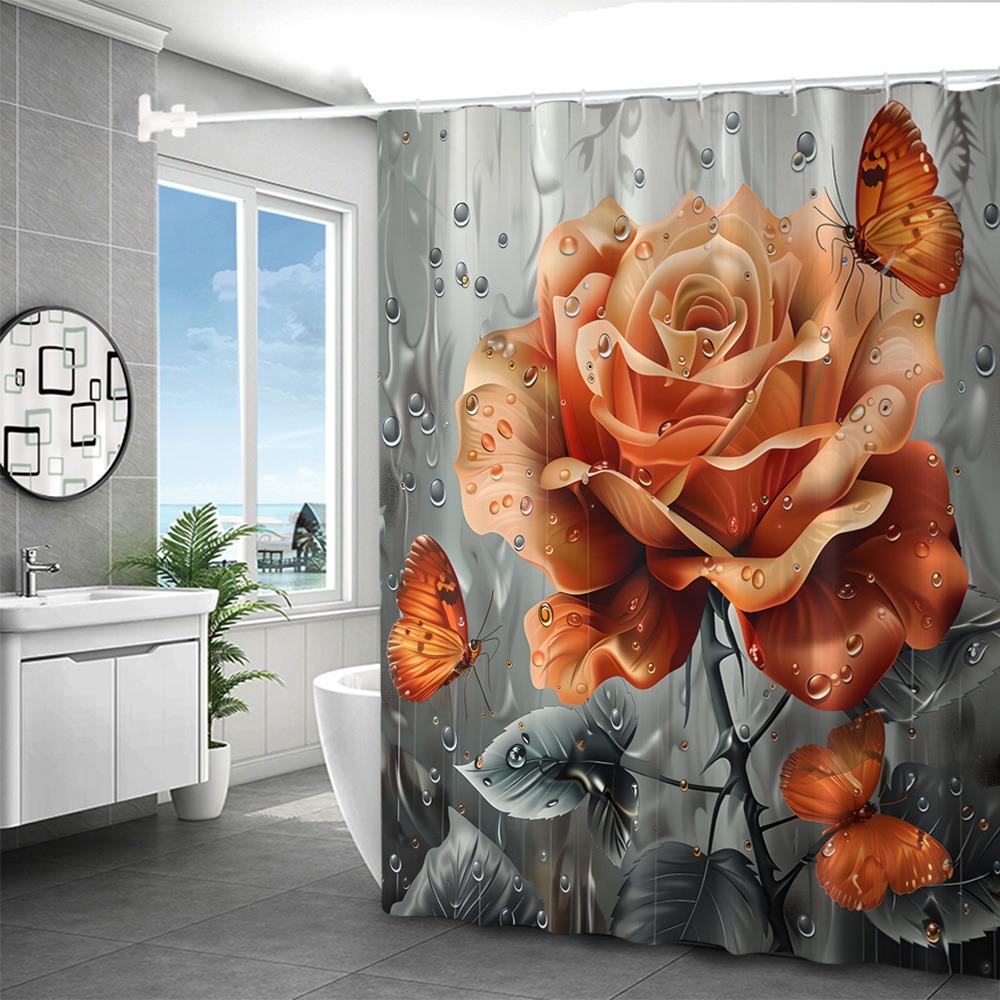 Orange Roses And Butterflies Shower Curtain Washable Dirt-Resistant Shower Head Waterproof Polyester Bath Curtain For Home Decor