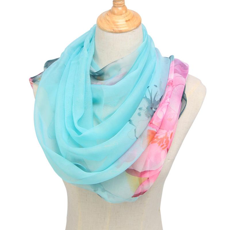 Fashion Women Ultra Thin Long Chiffon Flower Print Silk Scarves Spring Polyester Lotus Pattern Soft Sunscreen Shawl Scarf N49