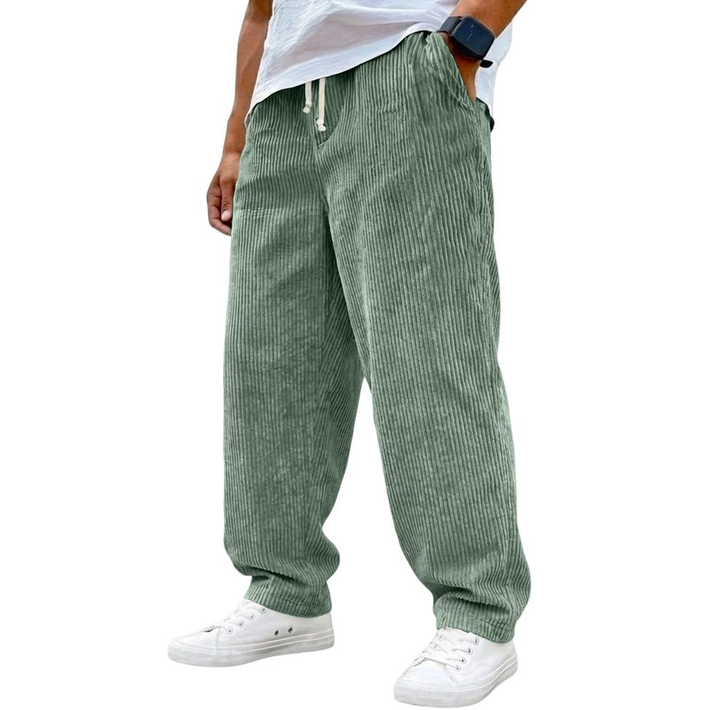 Męskie spodnie sztruksowe w stylu vintage | Elastyczny pas ze sznurkiem, luźny prosty krój do noszenia na co dzień