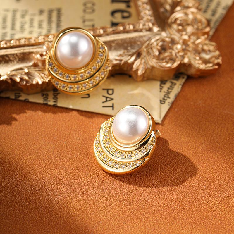 Retro Leichter Luxus Einfache Und Übertreibene Imitationsperlenohrringe Mikro-Inkrustierter Zirkon Damenohrringe