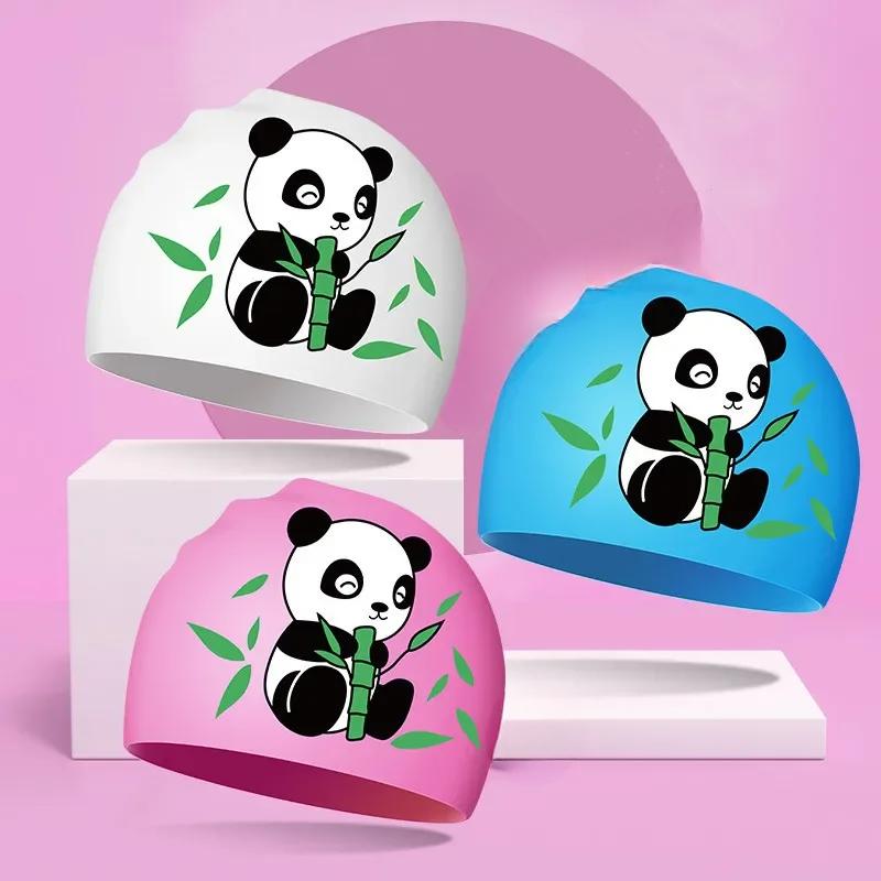 Nové chlapecké dívčí plavecké čepice Roztomilá kreslená panda Silikonová plavecká čepice Vysoce elastická Vodotěsná Dětské doplňky k bazénu Plavecká čepice