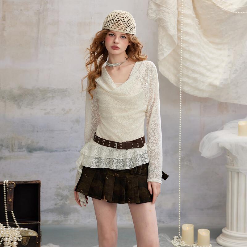 UNIFREE Slim-Fit Cowl Neck Ruffle Tee with Belt