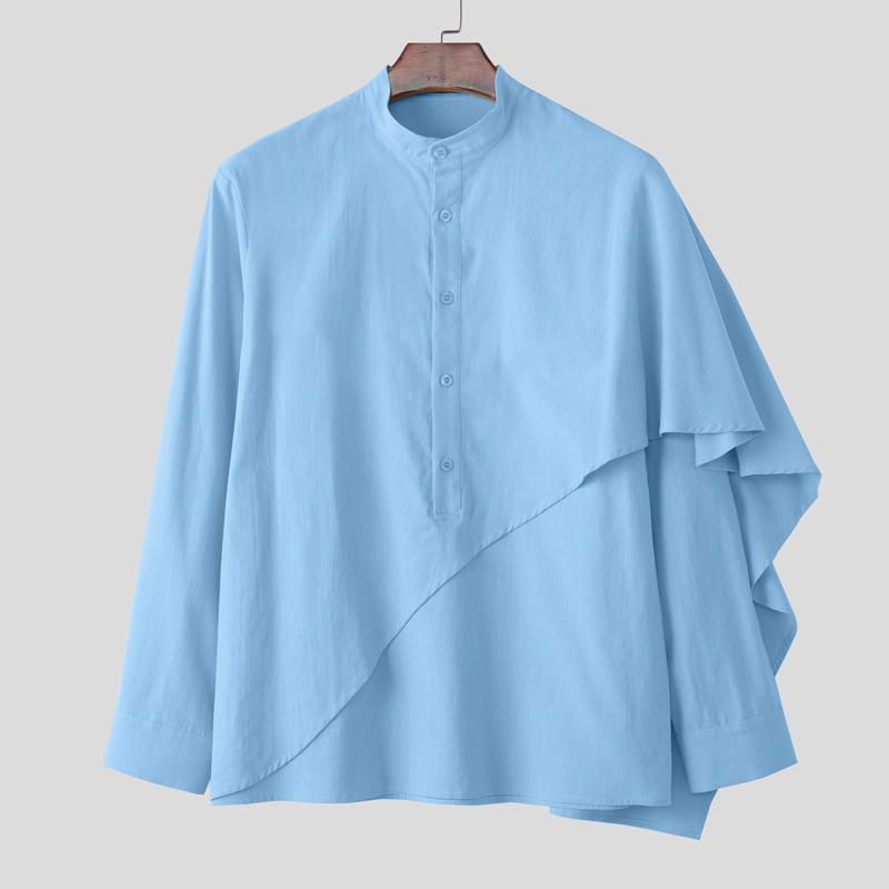 

INCERUN Мужские рубашки с воротником-стойкой, длинным рукавом, пуговицами, слоями, в стиле пэчворк, повседневные рубашки XL синий