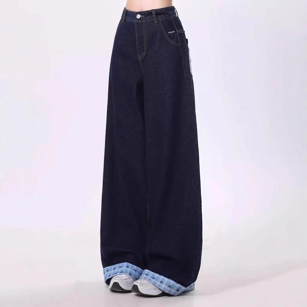 Plus Size Bowknot Plaid Patchwork High Waist Straight-Leg Denim Pants