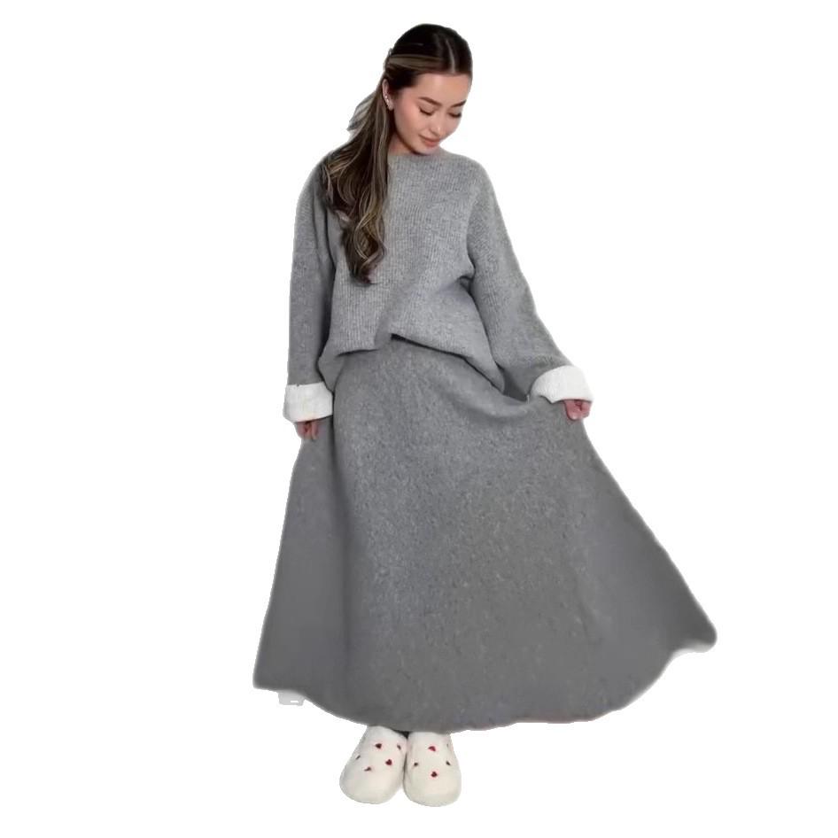 2025 Autumn Women's Ribbed Knit Sweater & A-line Long Skirt Set