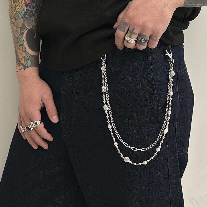 Exquisite Luxury Cross Pendant Imitation Pearl Pants Chain For Men Punk Trousers Chain Hip Hop Jeans Chain Clothing Accessories