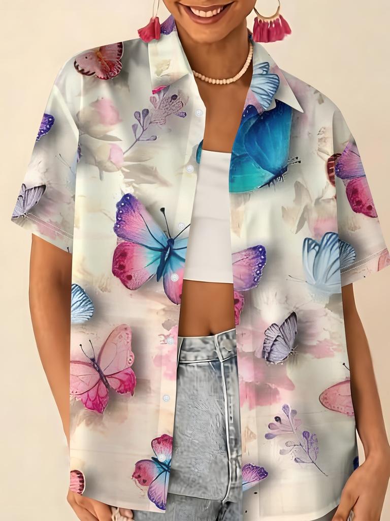 Gentle blue floral printed shirt for women, short-sleeve loose lapel design, niche vacation style top