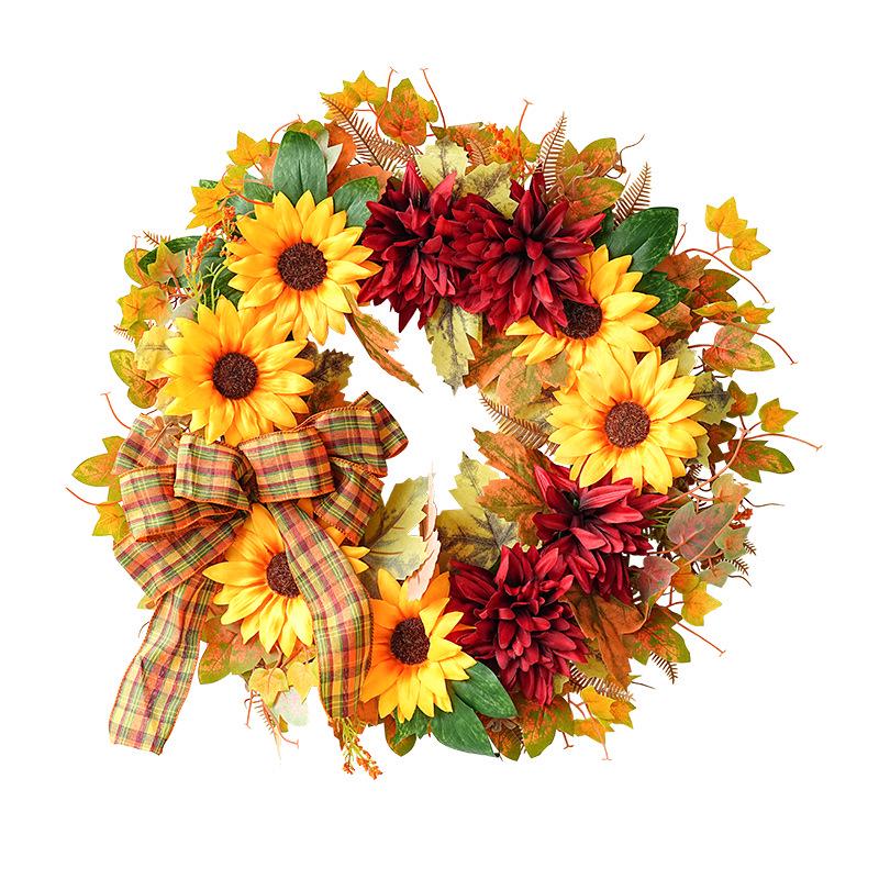 Autumn Harvest Sunflower & Maple Leaf Wreath for Thanksgiving Doorway Decoration