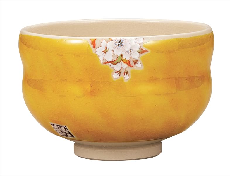 Kutani Ware Iwataya Matcha Bowl, Yoshidaya Mountain Cherry Blossom and Bird Design, K9-872