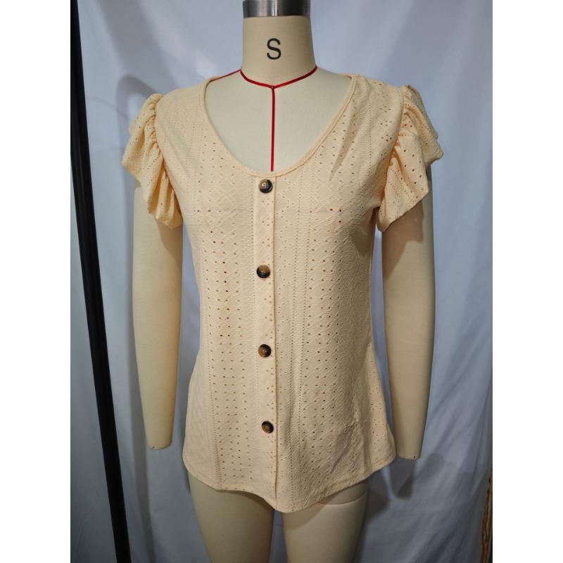 Womens V Neck Eyelet Embroidered Blouse With Short Flutter Sleeves Casual Button Down Top