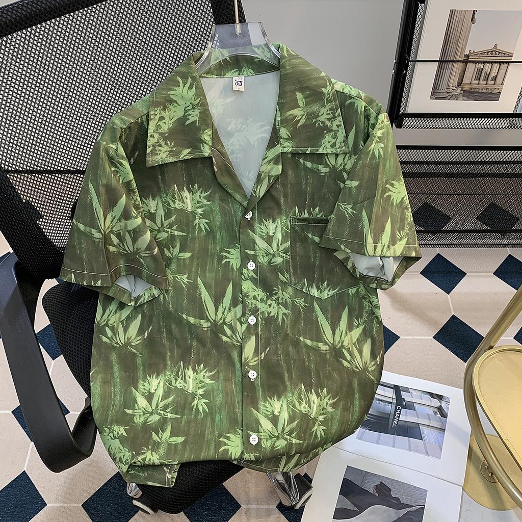 Summer Ink Painting Flower Short Sleeve Shirt Men's BF Casual Thin High-Grade Half Sleeve Cuban Collar Ice Silk Shirt